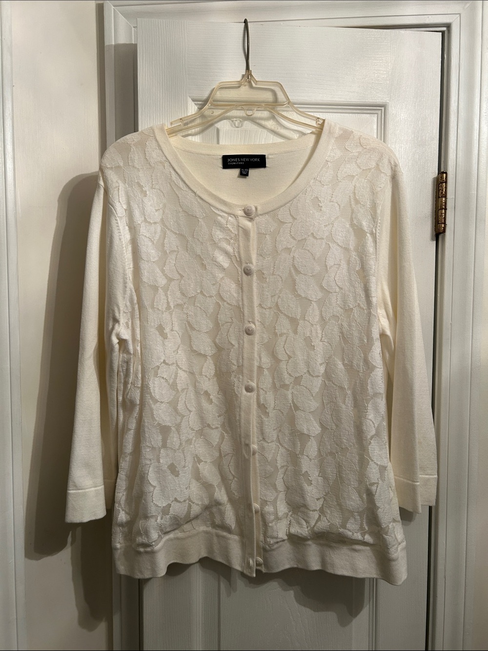 Jones New York Ivory Lace-Front Button Cardigan